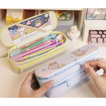 Korean Pencil Bag Cute Cartoon Pen Storage Box High Capacity Fabric Pencil  -t