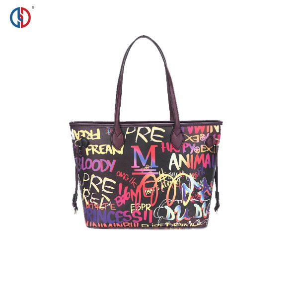 Letter Graphic Shoulder Tote Bag Contrast Binding Double Handle PU