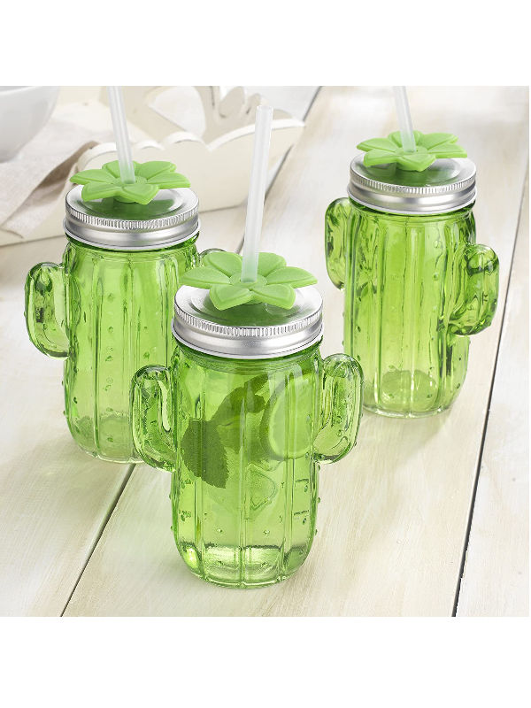 Mug Glass w/lid and Straw 13.5 Oz Set Of 2 Cactus Shaped Green Mason Jar 