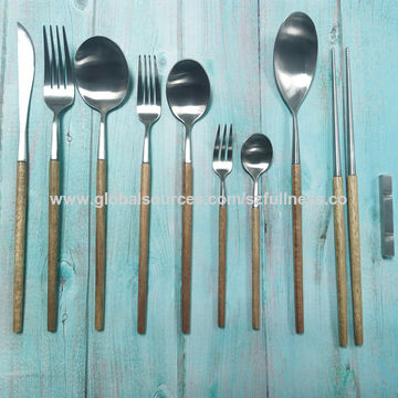 Reusable Wooden Utensil Set With Stainless Steel Flatware