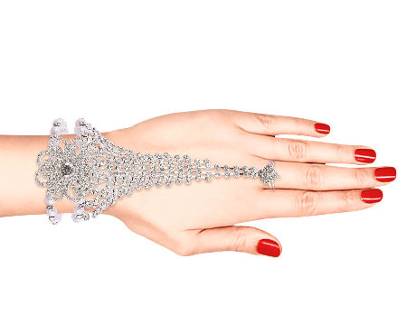 Ladies Diamante Crystal Chain Bracelet Ring Bridal Prom Hand Costume Jewellery 