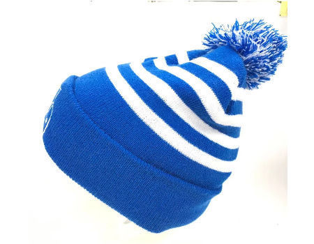 blue and white striped beanie