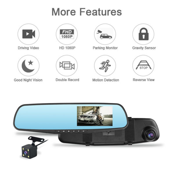 4.3 1080P HD Dual Lens Car DVR Dash Cam Front Rear Mirror G