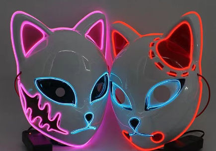 Demon Slayer Mask LED Halloween Fox Mask Light Up Glowing Japanese Anime Demon Slayer Cosplay Cat Mask for Halloween