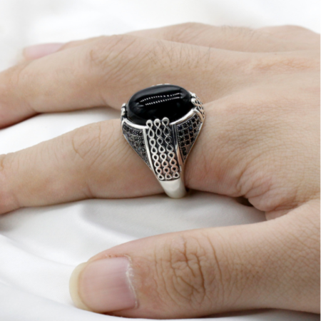 Vintage Two Tone Agate Ring - 925 Sterling Silver With Black Onyx, Turkish Handmade