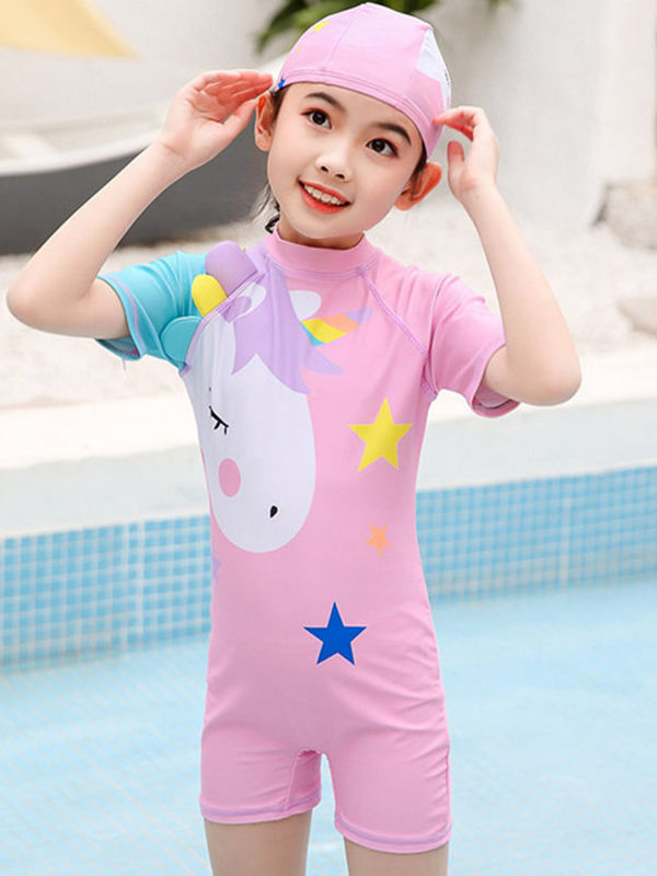 Kids Girls Printed One Piece Swimwear Boyshort Bathing Suit