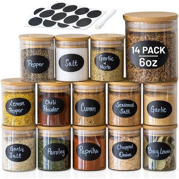 12Pcs Large Spice Jars with 108 Labels, 6 Oz Glass Jars with Bamboo Lids