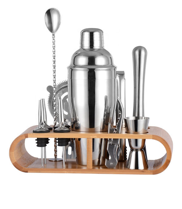 China Top Seller Bartender Kit Stainless Steel Bar Tool Set Cocktail Shaker bar Set With Bamboo