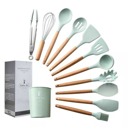 11PCS Silicone Kitchenware Cooking Utensils Set Non-stick Cookware Spatula  Shovel Egg Beaters Wooden Handle Kitchen Cooking Tool