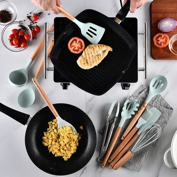 12PC Silicone Kitchen Utensils Set Kitchenware Non-Stick Cooking Tool Set  Wooden Handle Cookware Spoon Brush Kitchen Accessories