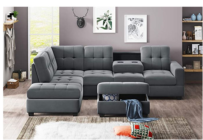 Modern Microfiber Segmentated L Shaped, Contemporary Sofa With Recliner