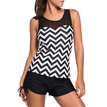 Traje de baño tankini de 2 piezas para mujer con estampado de verano, top con aros y detalle retorcido frontal