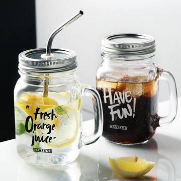 Clear Colorful Handle Square Glass Cup With Bamboo Lids And Straw  Borosilicate Glass Milk Juice Coffee Mug 400ml 13.5oz