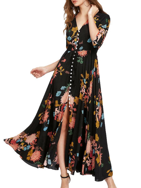 Buy Wholesale China Tassel Tie Black Floral Print Split Dress