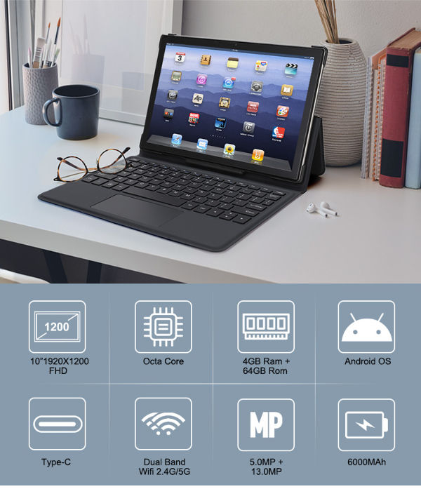 5G 4G 10.1inch Android 10.0 GMS Tablet PC 2 in 1 Octa core 1920*1200IPS 4+64gb 5+13mp tablet pc supplier
