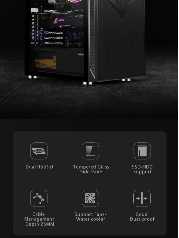 SAMA 3501 gaming computer case with tempered glass support ATX Micro-ATX motherboard supplier