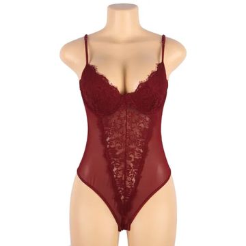 Crotch Open Red High Quality Lace Splicing Sexy Teddy With