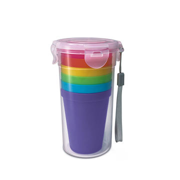 plastic rainbow colored cups in set