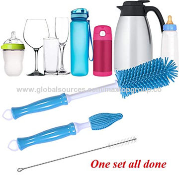 Travel Bottle Brush Set with Stand, Portable Baby Bottle Cleaning Kit  Includes Nipple Brush and Straw Cleaner Brush (Blue)