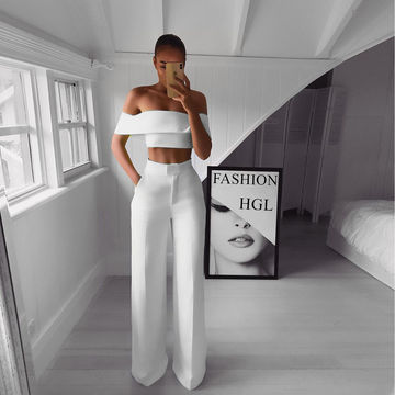 ZXUFJ Women Chiffon Pant Suits Formal Elegant Office Ladies Work Pantsuits  Blouse Top Wide Leg Pants 2 Piece Set Outfits Spring Summer Color  White  Size  L code price in UAE 
