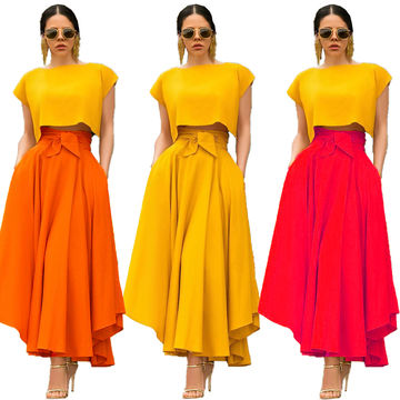 Women′ S 2021 Summer Short Sleeve High Waist Yellow Pleated Skirt African Large  Dress - China African Dresses and Casual Dress price