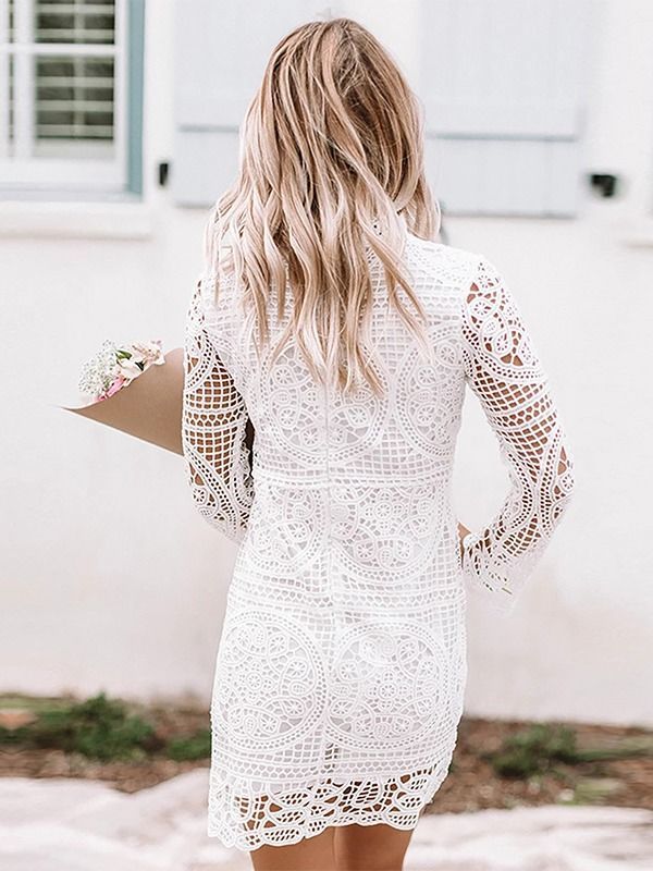 White tie front flare sleeve crochet clearance lace bodycon dress