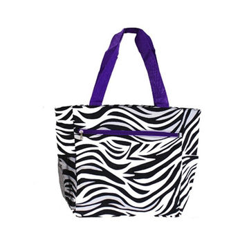 Vente en gros Sac fourre-tout en toile de coton avec poignée en cuir PU à motif rayé