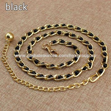 Women Black Elastic Hip High Waist Belt Gold Metal Chain Links Strap Size S  M