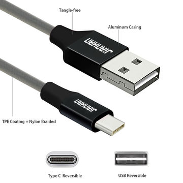 Cabo USB Tipo C, cabo USB reversível para tipo C, cabo USB C trançado de nylon para carregamento e transferência de dados