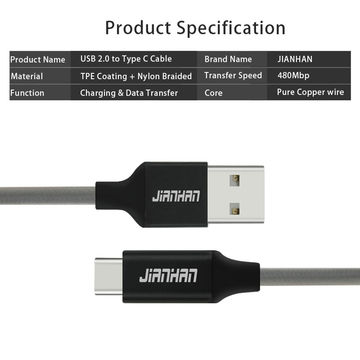 Cabo USB Tipo C, cabo USB reversível para tipo C, cabo USB C trançado de nylon para carregamento e transferência de dados