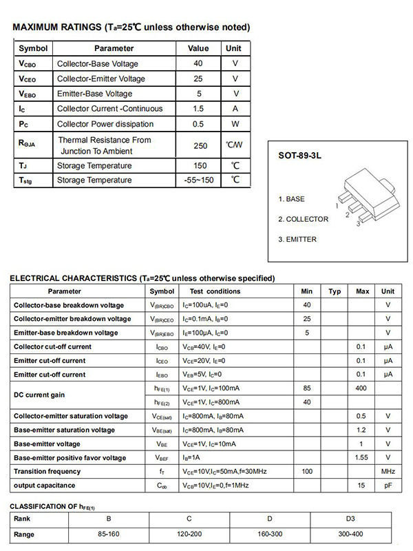 China Y1 PXT8050 SOT893L plastic encapsulate power transistor MOSFET