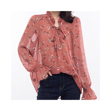 Buy Wholesale China Women's Plunge V Neck Long Sleeve Tie Front Frill Tops Classic Vintage Printed Ruffled Blouse & Neck Blouse at USD 0.2 | Global