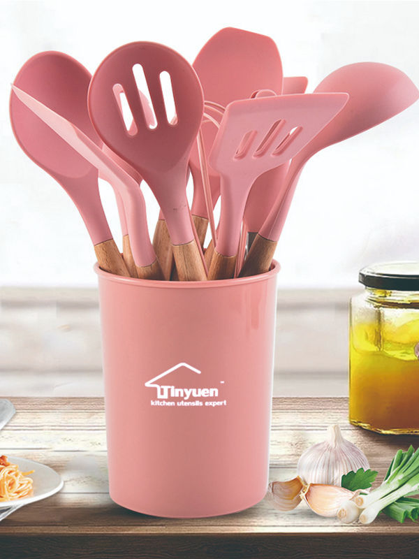 Pink Silicone Utensils Set With Plastic Holder