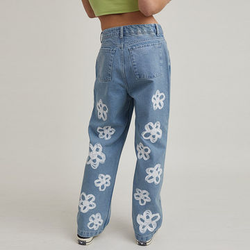 Fashion Flower Printing Loose Girls Straight Pants Denim Blue Jeans  Clothing Wholesale - China Women Jeans and Jeans price