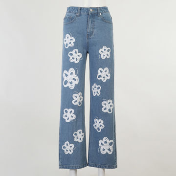 Fashion Flower Printing Loose Girls Straight Pants Denim Blue Jeans  Clothing Wholesale - China Women Jeans and Jeans price