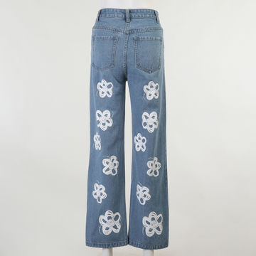 Fashion Flower Printing Loose Girls Straight Pants Denim Blue Jeans  Clothing Wholesale - China Women Jeans and Jeans price