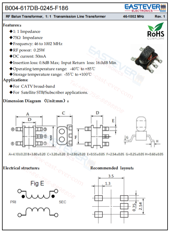 China RF Balun Transformer, 1: 1 Transmission Line Transformer 46-1002 ...