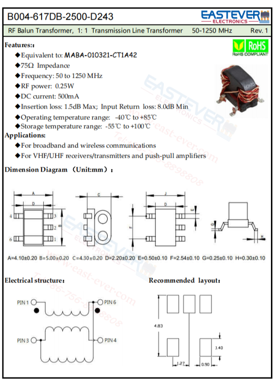 China RF Balun Transformer, 1: 1 Transmission Line Transformer 50-1250 ...