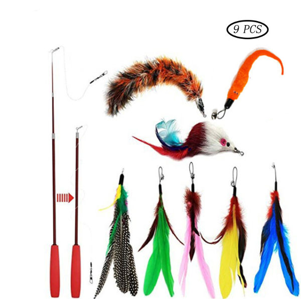 Retractable Teaser Wands and Feather Worm Toys with Bells for Indoor Cat and Kitten Catcher 11 Piece Toy Set Interactive Bird Feather Pet Teaser Cat Feather Toys