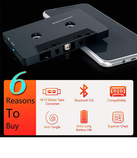 Matxabr Car Audio Bluetooth Wireless Cassette Receiver, Bluetooth 5.1 Car Audio Stereo Cassette Vehicle Tape Converter Cassette, Work While Charging Black