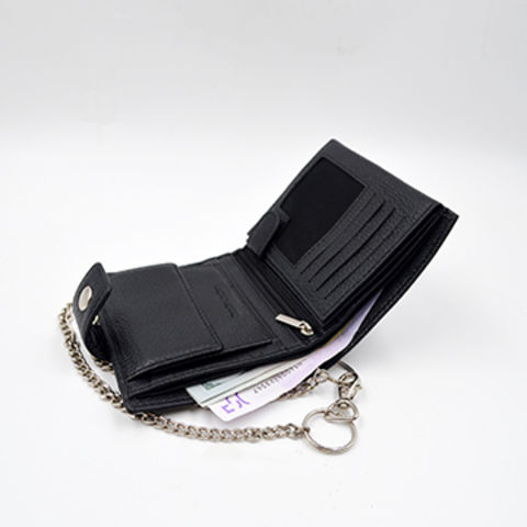 Compre Billetera De Cuero Bifold Con Cadena, Cartera Negra De