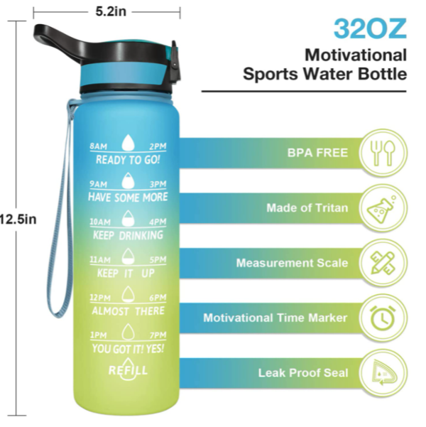 Lemond BPA Free Tritan Water Bottle with Timer Motivational 1L