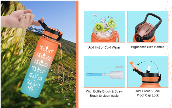 Sports Water Bottle With Straw Time Marker Leakproof Cold Drink