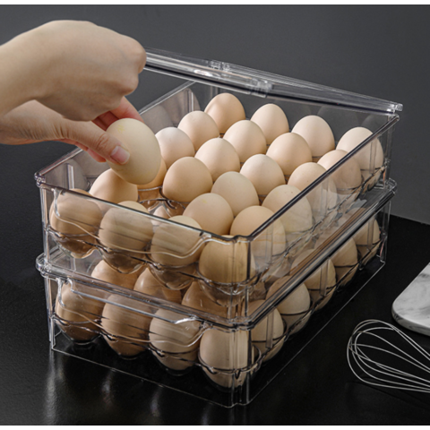 Egg Holder for Refrigerator 2 Pack, Plastic Egg Storage Container for Fridge,  Clear Refrigerator Organizer Bins with Lids, Stackable Tray Holds 14 Eggs 