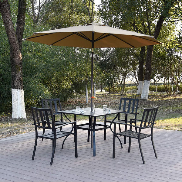 Outdoor Patio Bistro Metal Dining Table With Umbrella Hole Black Side Stand China Rattan Wicker On Globalsources Com - Black Rattan Patio Set With Parasol Rack