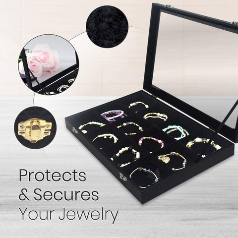 Stackable Velvet Jewelry Trays Organizer, Jewelry Display Storage Box  Showcase Holder Dresser Drawer Organizer for Earring Necklace Bracelet Ring  Accessary,18 Grids 