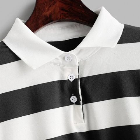 STRIPED WOVEN COLLAR LONG SLEEVE POLO SHIRT