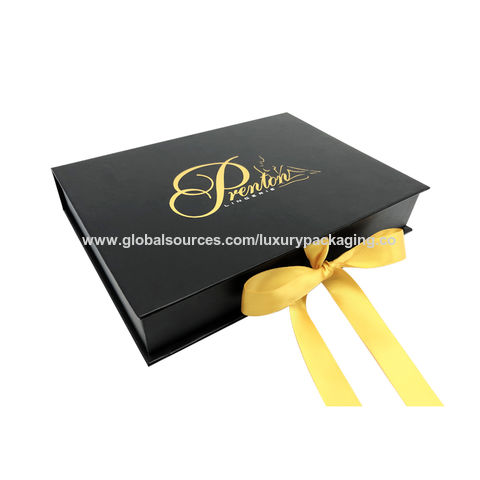 China Custom black magnetic paper box with gold logo and gold ribbon ...