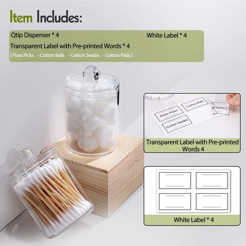 4 Pack Qtip Holder Dispenser with Bamboo Lids - 10 oz Clear Plastic  Apothecary Jar Containers for Vanity Makeup Organizer Storage - Bathroom  Accessories Set for Cotton Swab, Ball, Pads, Floss