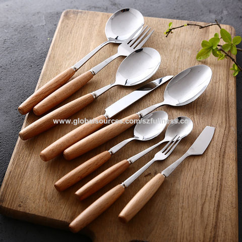 Wooden Handle Cutlery Set Stainless Steel Dinnerware Fork Knife Coffee  Spoon Tableware Set Western Flatware Set